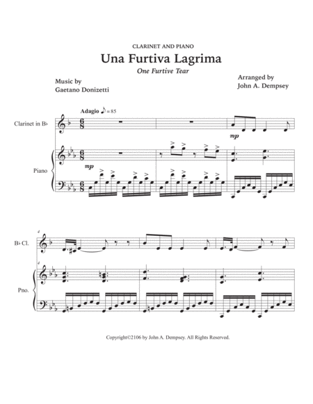 One Furtive Tear (Una Furtiva Lagrima): Clarinet and Piano image number null