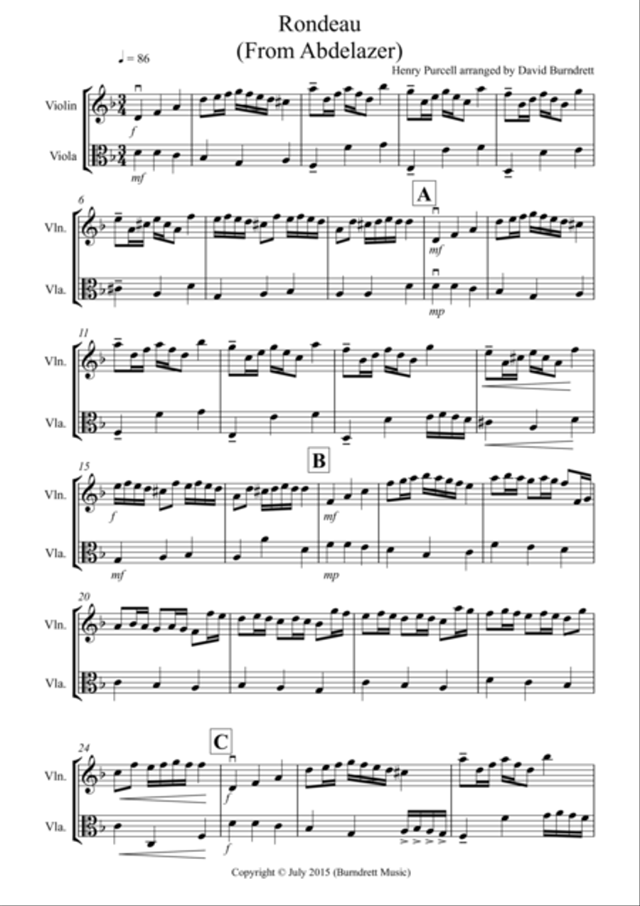 Rondeau from (Abdelazer) for Violin and Viola Duet String Duet scores gallery preview page 1