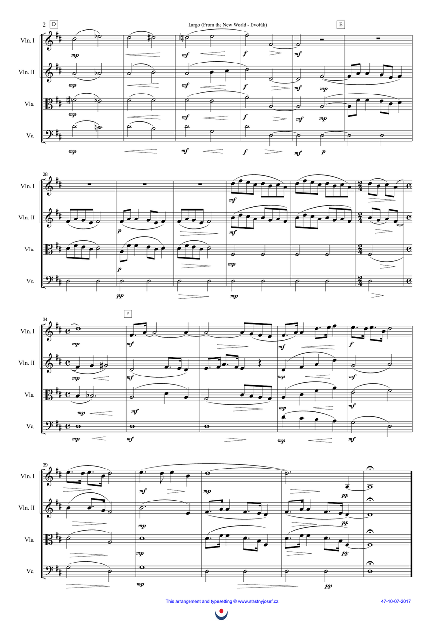 Largo (Dvořák - New World Symphony) String Quartet scores gallery preview page 2