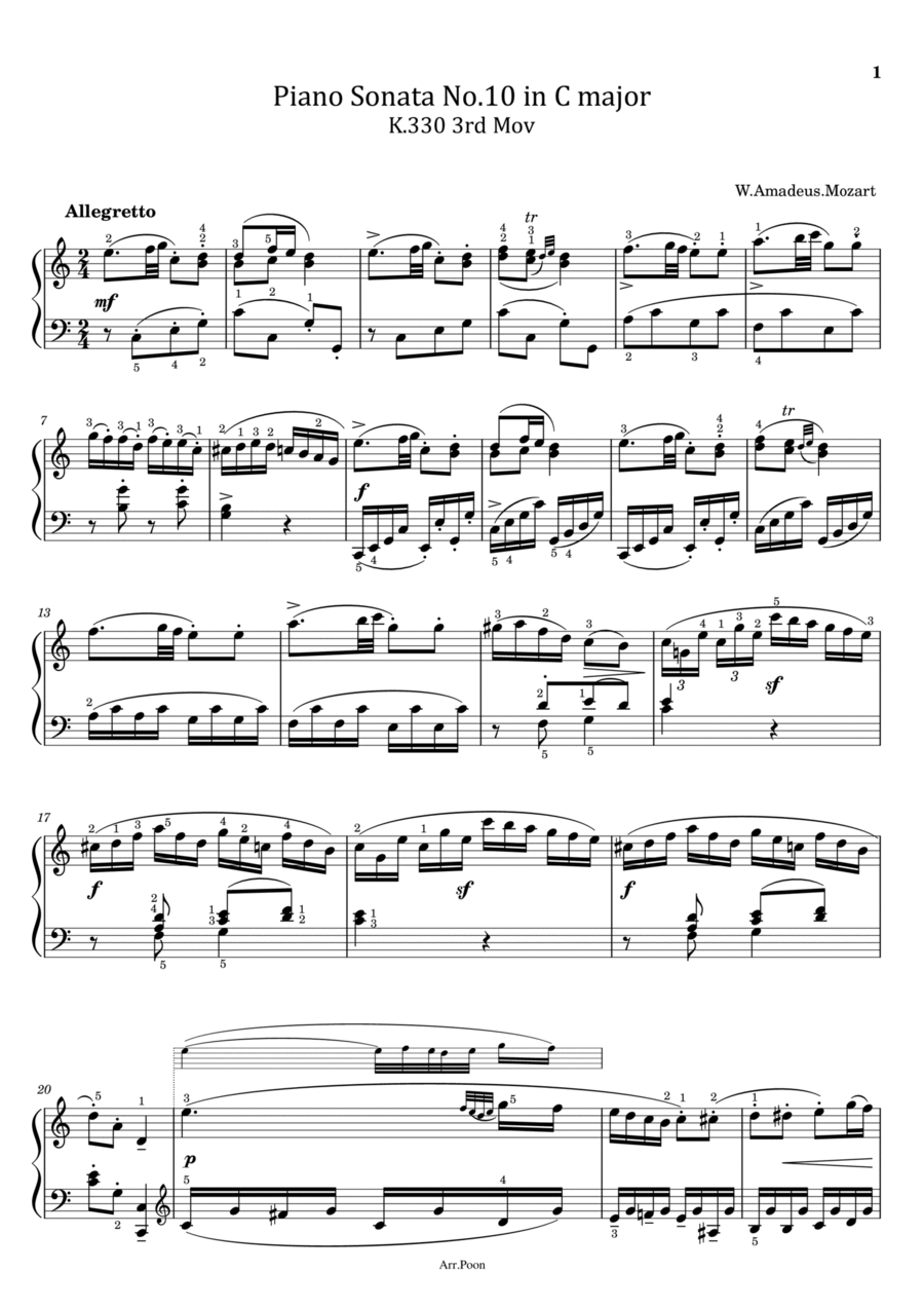 Mozart - Piano Sonata No.10 in C major, K.330/300h - 3rd Mov - Original With Fingered Piano Solo scores gallery preview page 1
