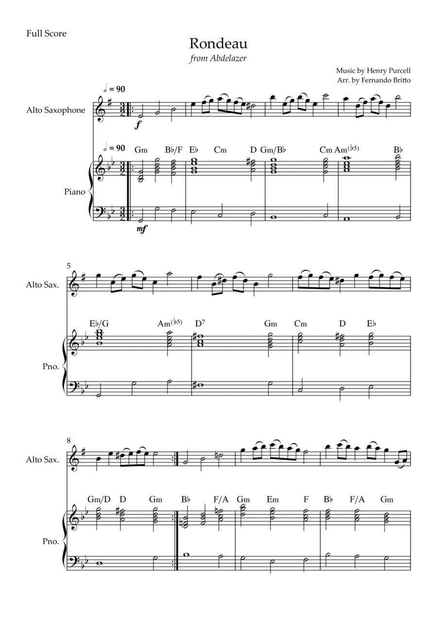 Rondeau (from Abdelazer) for Alto Saxophone Solo and Piano Accompaniment with Chords