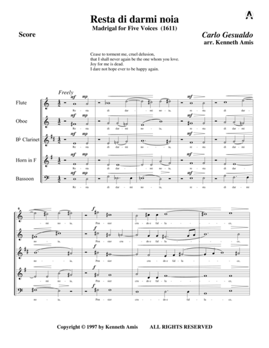 Resta di darmi noia (for woodwind quintet)