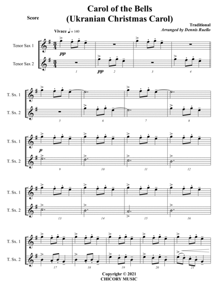 Carol of the Bells (Ukrainian Carol) - Tenor Sax Duet - Intermediate image number null