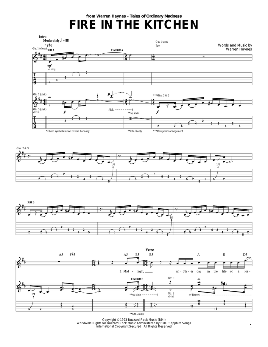 Fire In The Kitchen Guitar Tablature scores gallery preview page 1