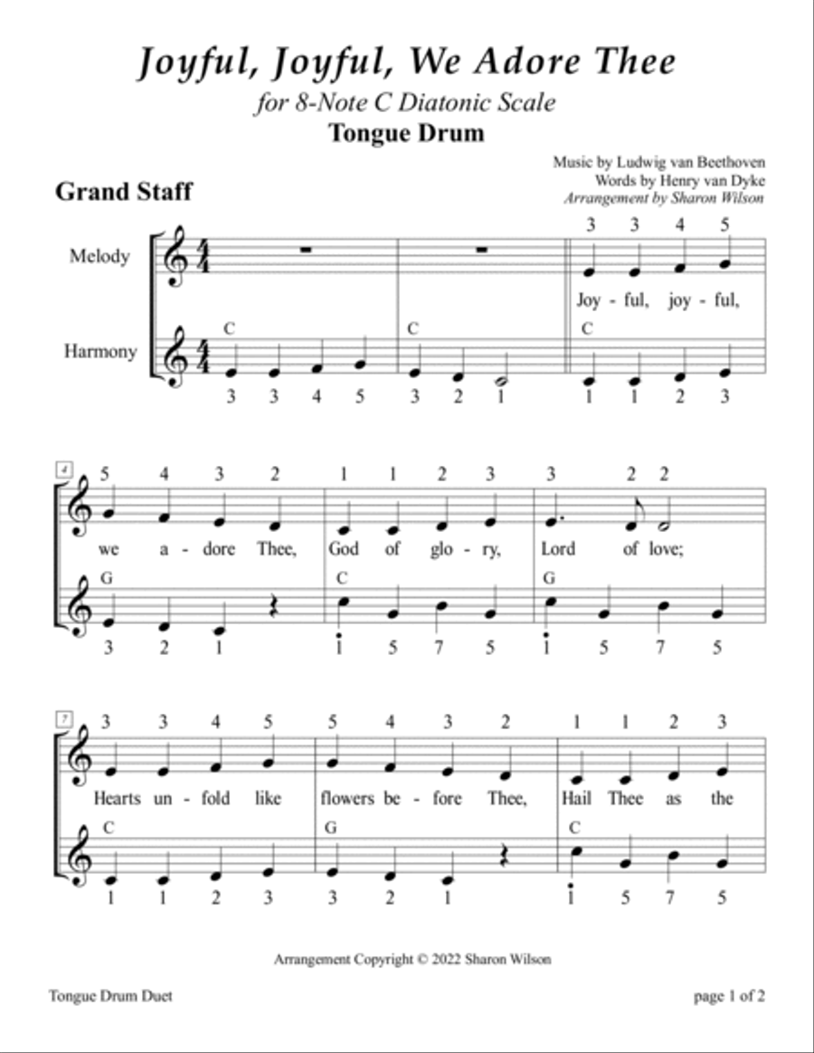 Joyful Joyful We Adore Thee for 8 note C major diatonic scale Tongue Drum by Sharon Wilson Percussion Digital Sheet Music Sheet Music Plus