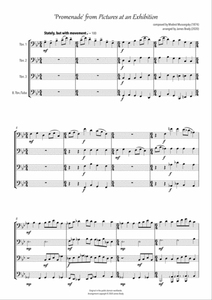 'Promenade' from Pictures at an Exhibition - easy arrangement for trombone quartet/tuba Trombone Quartet scores gallery preview page 2
