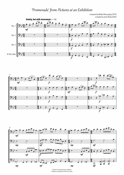 'Promenade' from Pictures at an Exhibition - easy arrangement for trombone quartet/tuba by Modest Petrovich Mussorgsky Euphonium - Digital Sheet Music