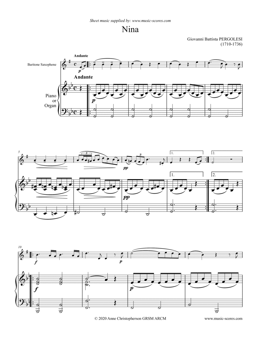 Nina - Baritone Sax and Piano Baritone Saxophone scores gallery preview page 1