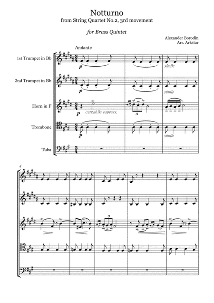 Borodin: Notturno (Nocturne) from String Quartet No.2, 3rd Movement, arrangement for Brass Quintet image number null