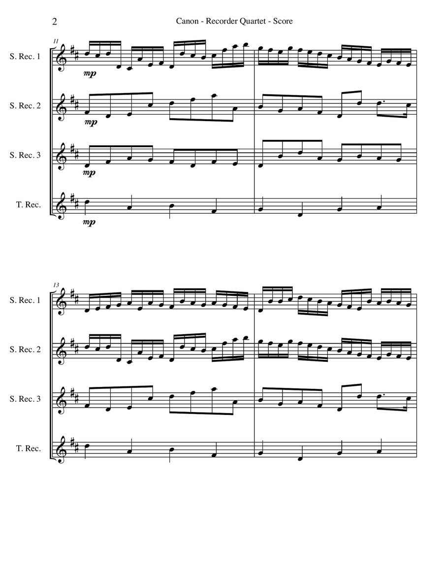 Pachelbel's Canon for Recorder Quartet Woodwind Quartet scores gallery preview page 2