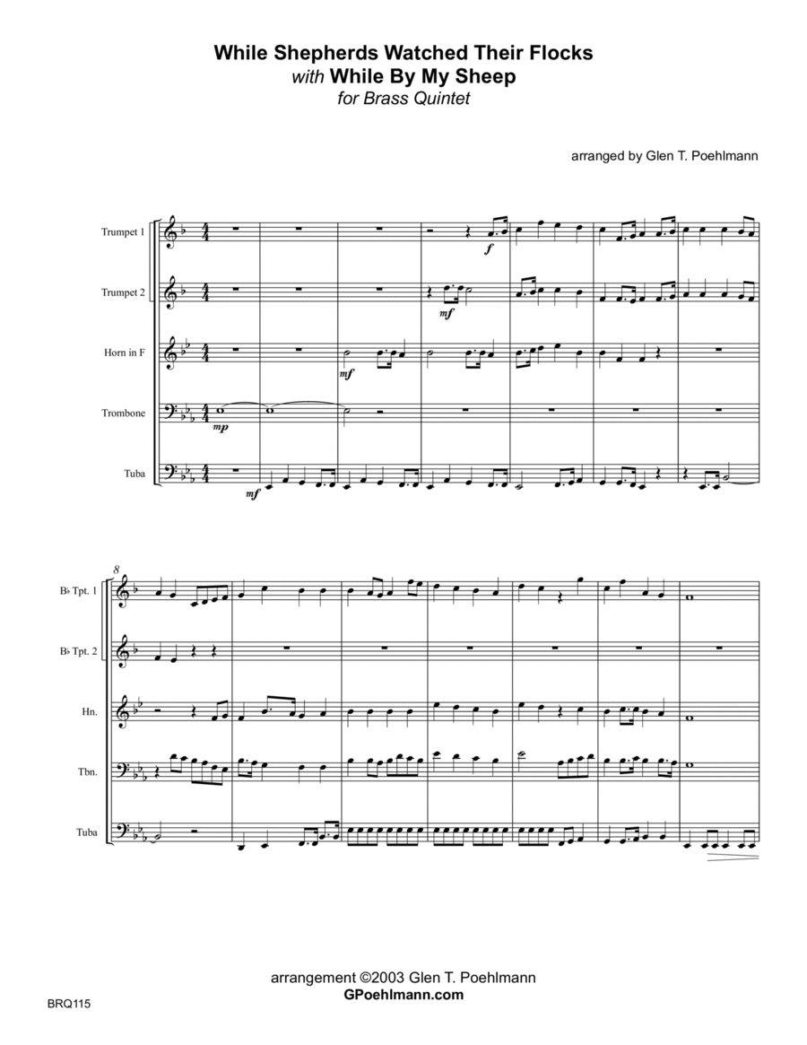 WHILE SHEPHERDS WATCHED THEIR FLOCKS with WHILE BY MY SHEEP - BRASS QUINTET (unaccompanied) Brass Quintet scores gallery preview page 1