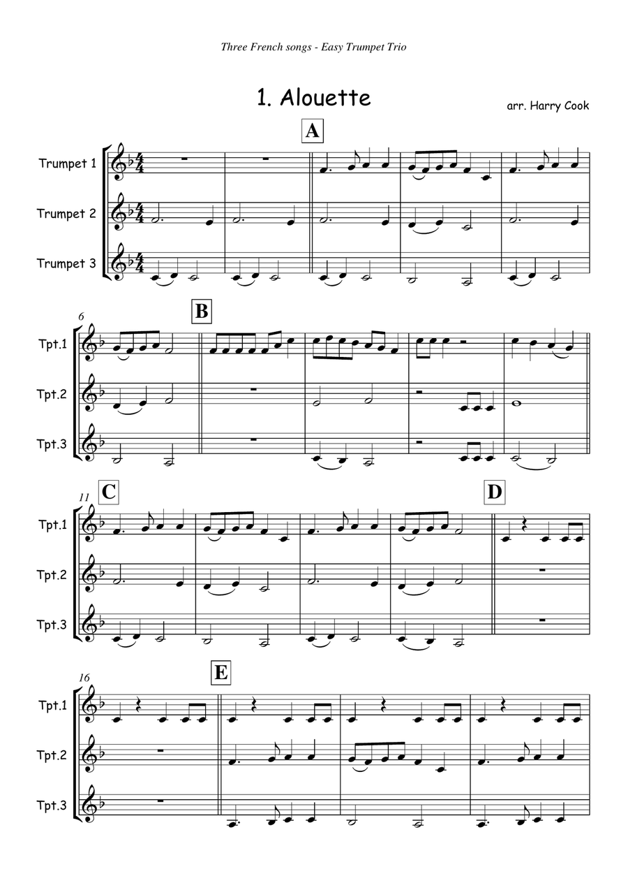 Three French Songs for Easy Trumpet Trio Trumpet Trio scores gallery preview page 1