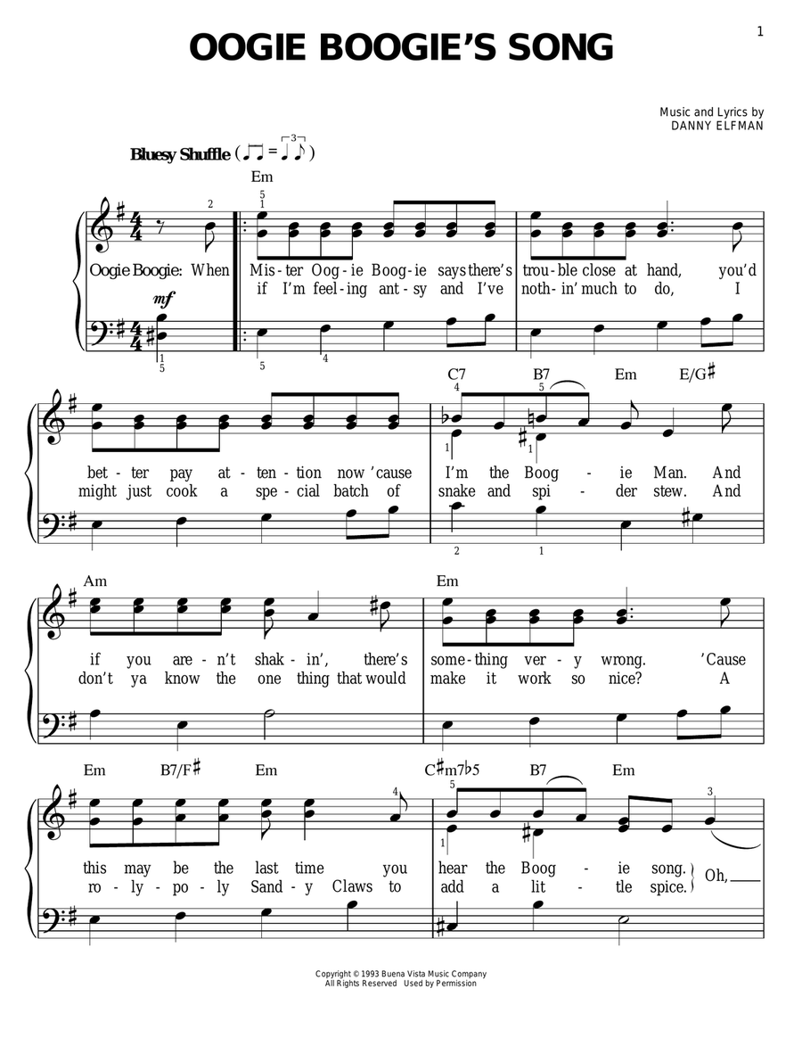 Oogie Boogie's Song (from The Nightmare Before Christmas) Easy Piano scores gallery preview page 1