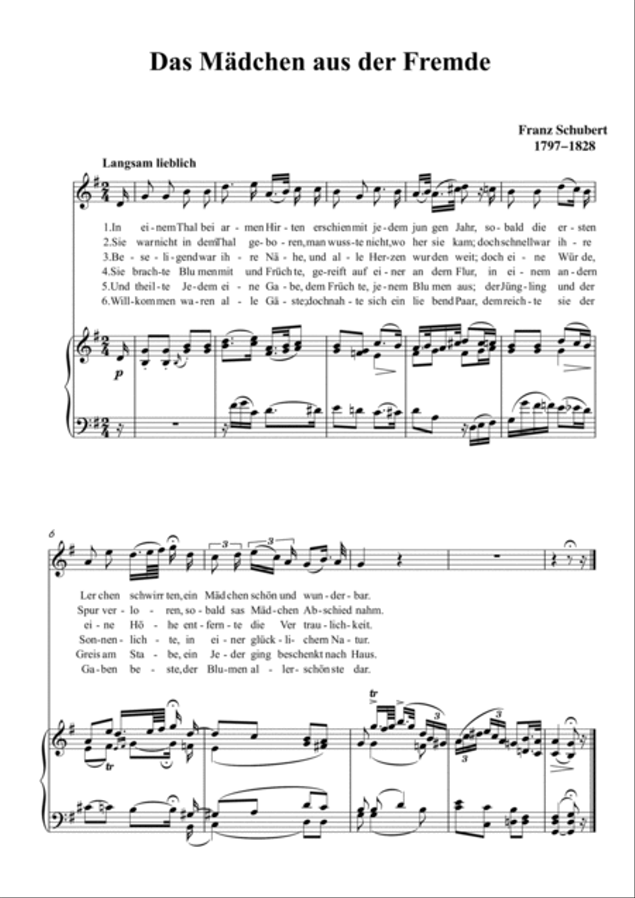 Schubert-Das Mädchen aus der Fremde in G for Vocal and Piano Voice scores gallery preview page 2