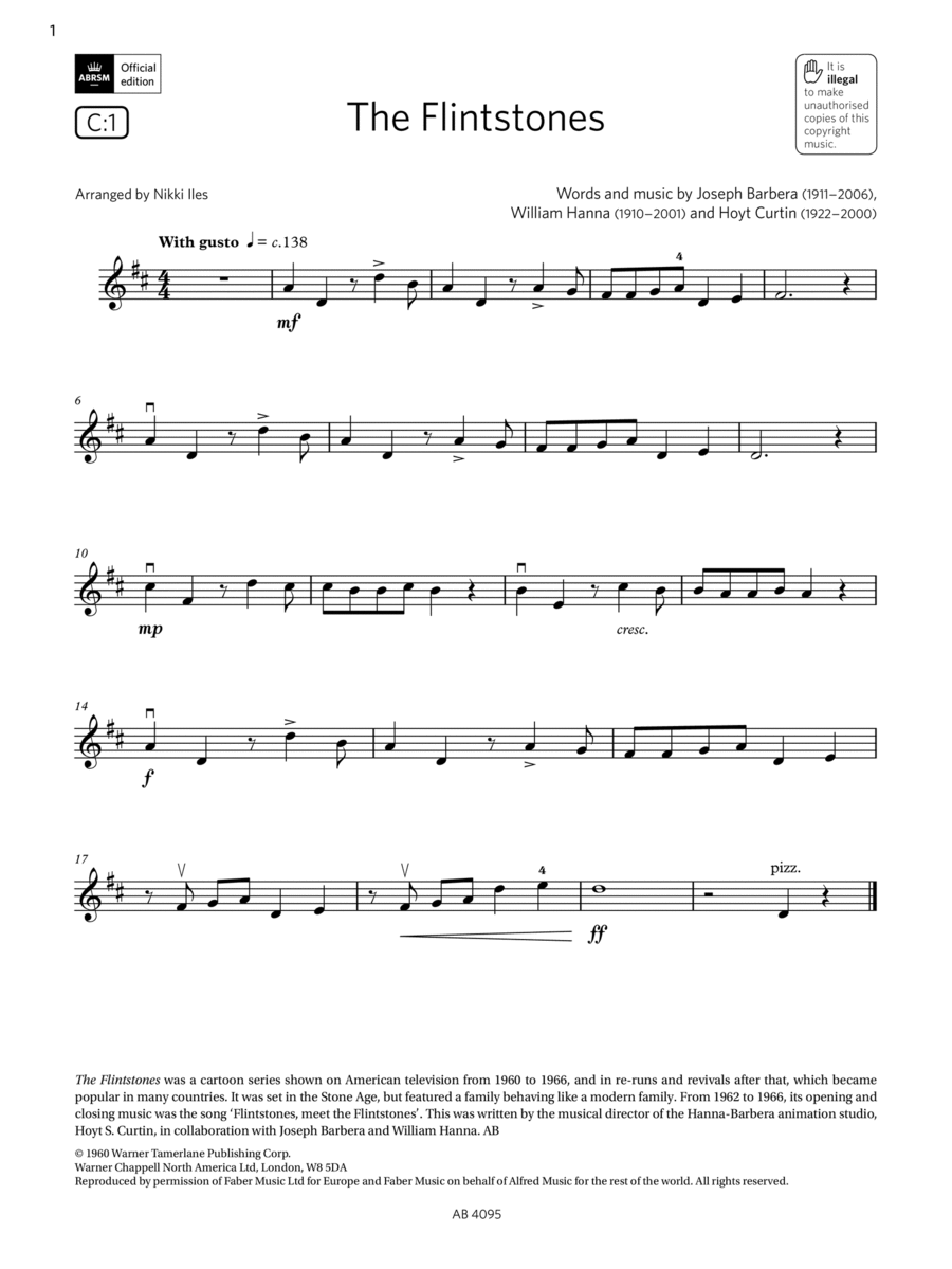 The Flintstones (Grade 1, C1, from the ABRSM Violin Syllabus from 2024) Violin Solo scores gallery preview page 1