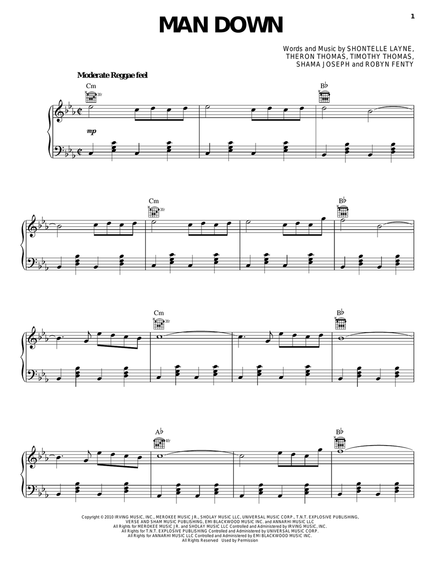 Man Down Piano, Vocal, Guitar scores gallery preview page 1