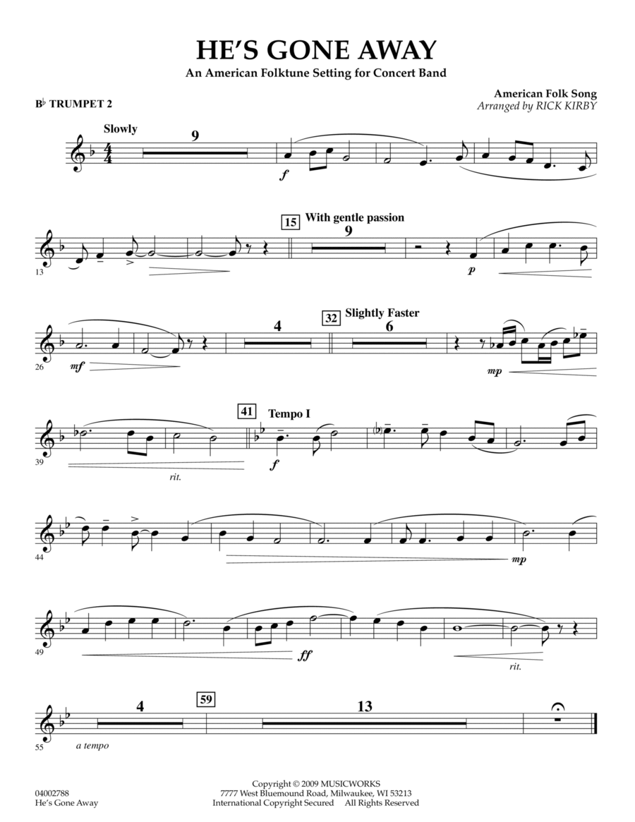 He's Gone Away (An American Folktune Setting for Concert Band) - Bb Trumpet 2 Concert Band scores gallery preview page 1