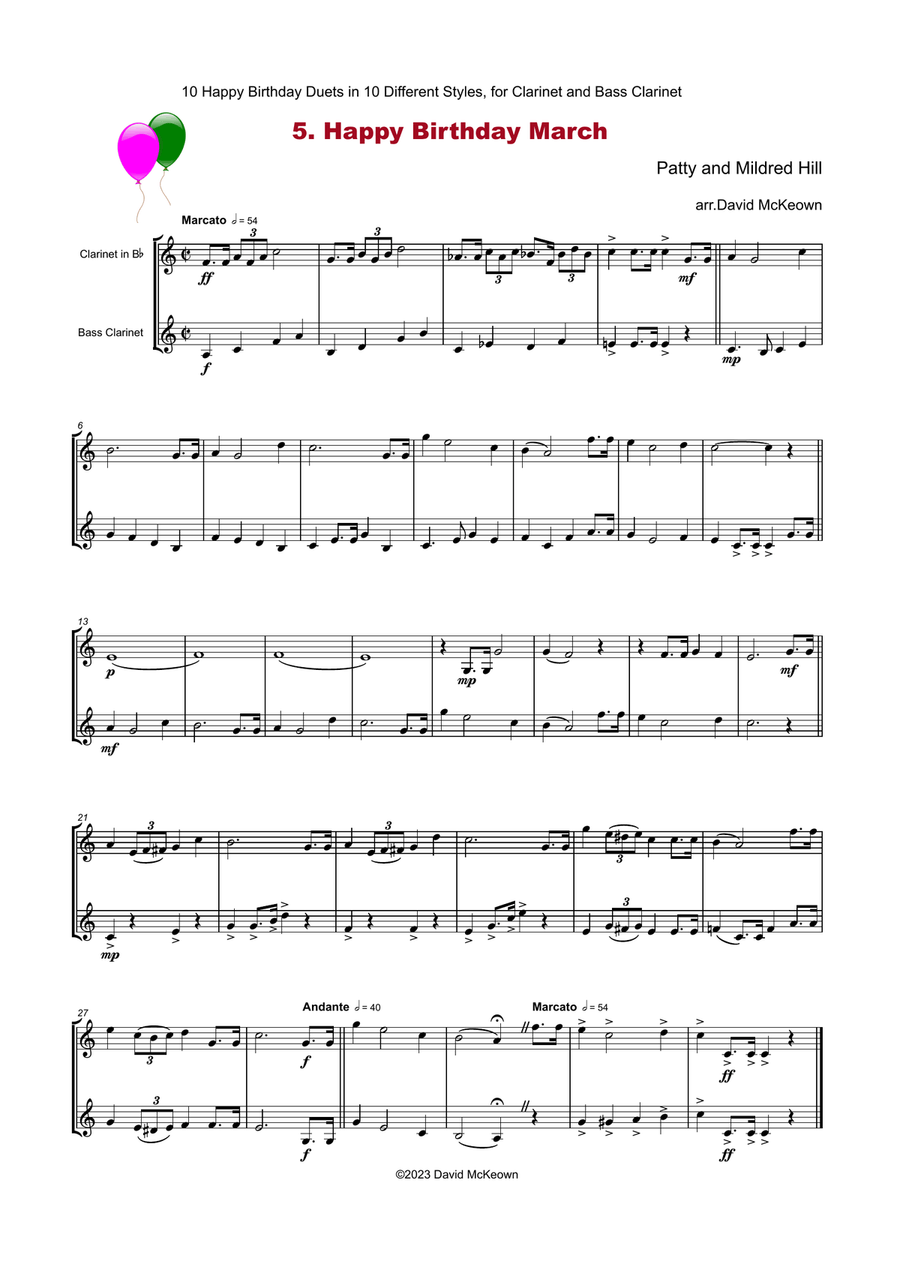 10 Happy Birthday Duets, (in 10 Different Styles), for Clarinet and Bass Clarinet Clarinet Duet scores gallery preview page 6