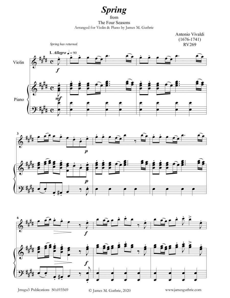 Vivaldi: Spring from the Four Seasons for Violin & Piano Violin Solo scores gallery preview page 1