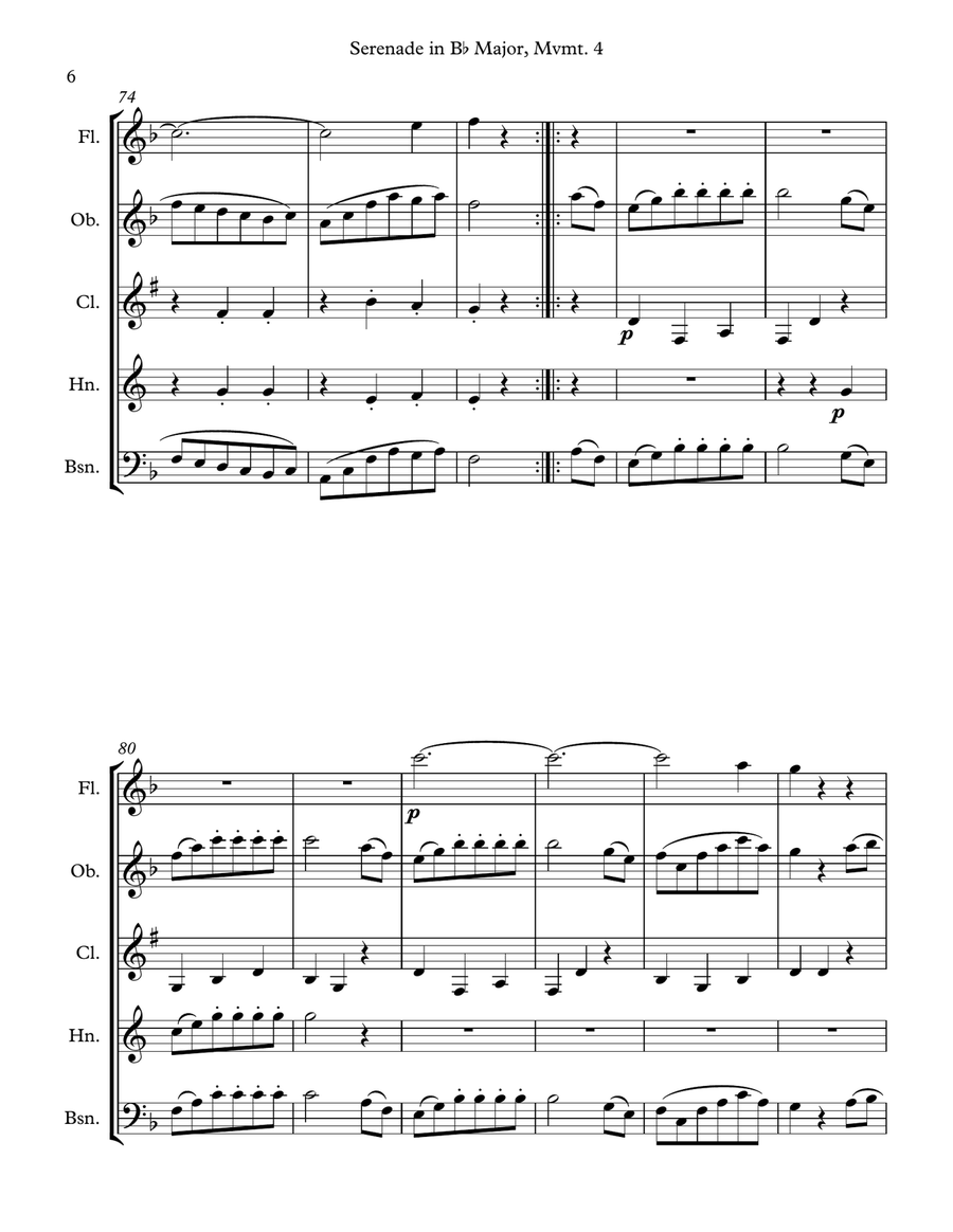 Mozart: Serenade in Bb Major, K. 361 (Gran Partita) for Wind Quintet Mvmt. 4 (Menuetto II) Woodwind Quintet scores gallery preview page 6