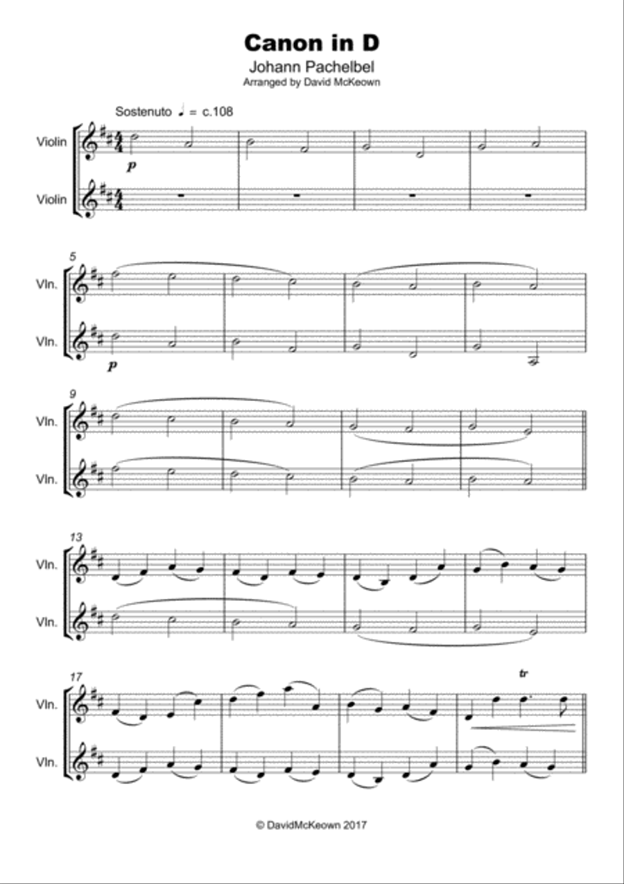 Pachelbel's Canon in D, Violin Duet (with optional bass part) String Duet scores gallery preview page 2