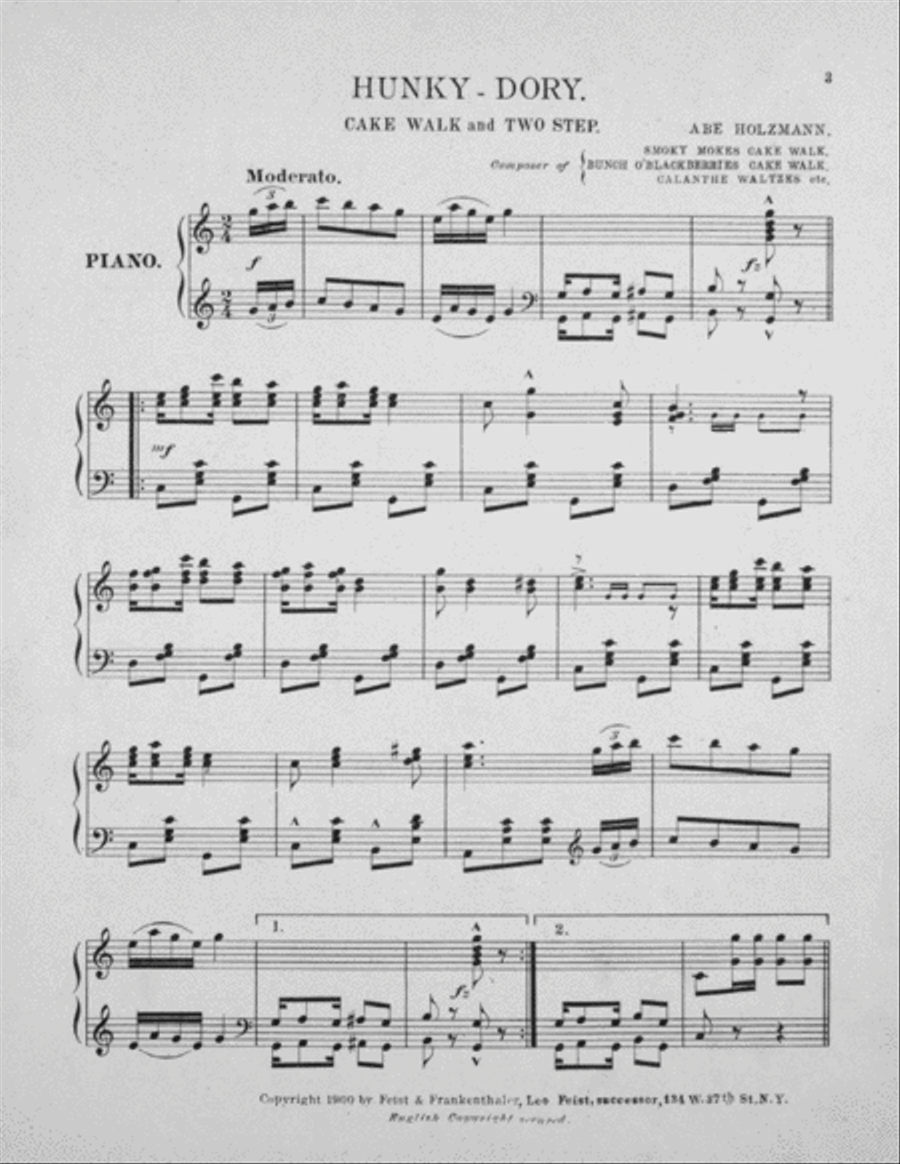 Hunky-Dory. Characteristic Cake Walk, March, and Two Step Piano Solo scores gallery preview page 2