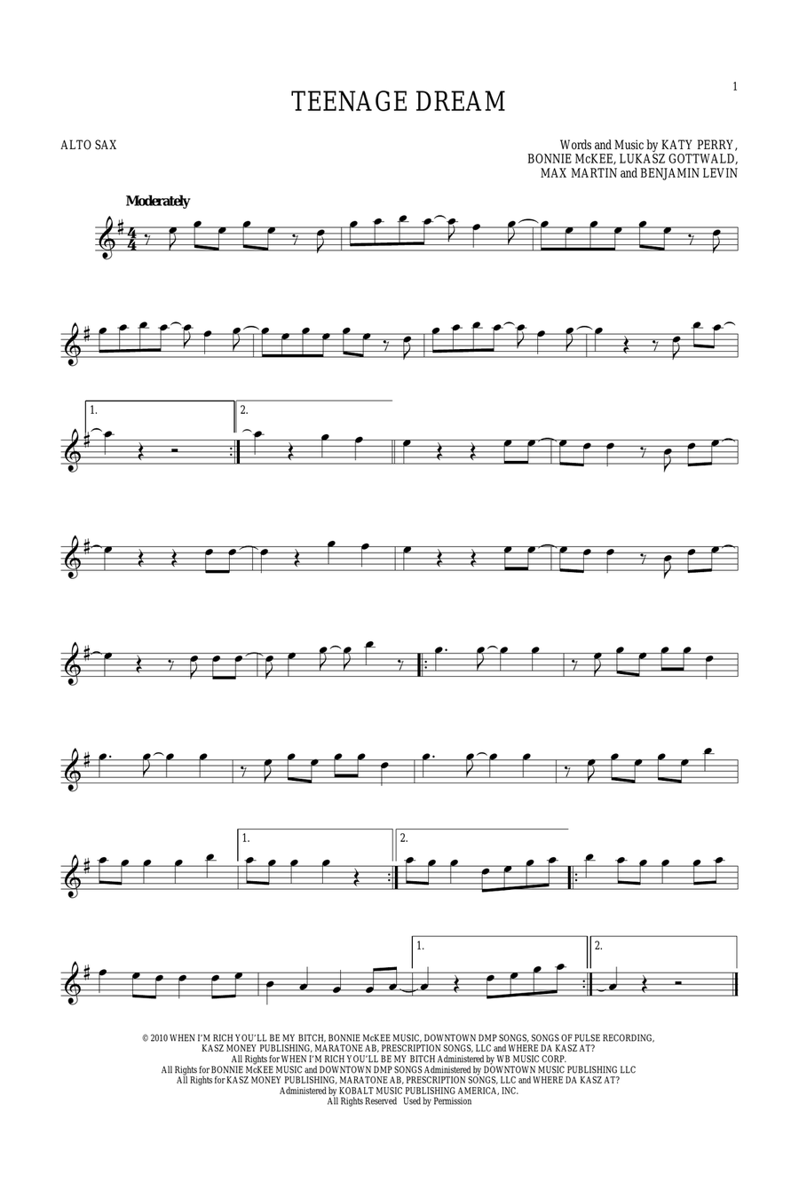 Teenage Dream Alto Saxophone scores gallery preview page 1