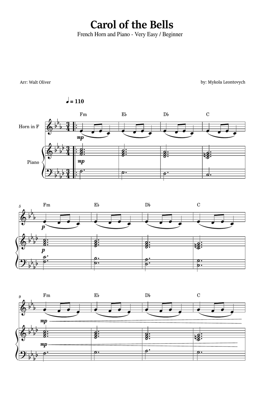 Carol of the Bells for French Horn and Piano (Very Easy - Beginner) in F minor - With Chords Piano scores gallery preview page 1