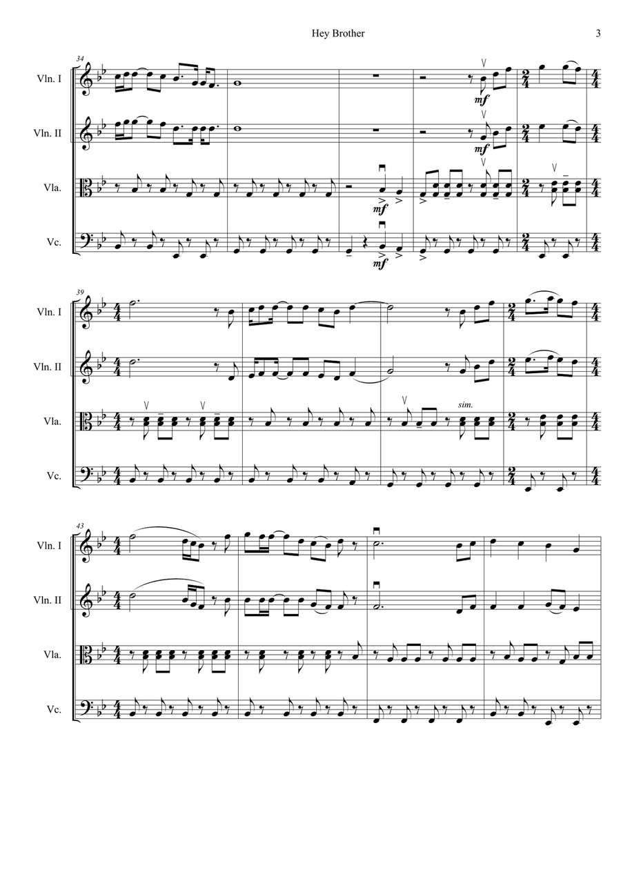 Hey Brother String Quartet scores gallery preview page 3