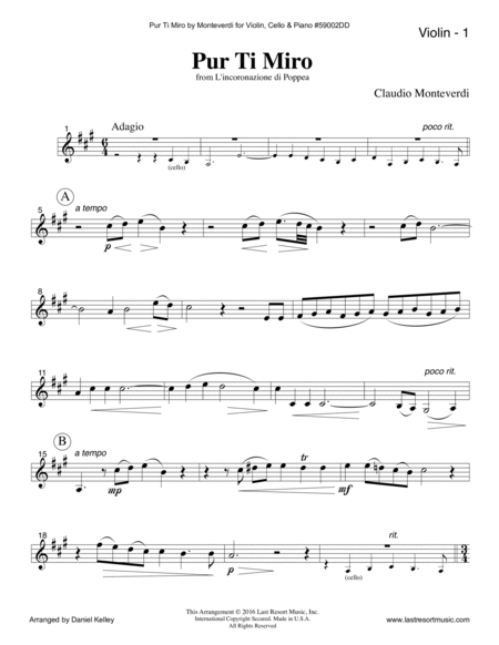 Pur Ti Miro from L'incoronazione di Poppea for Piano Trio (Violin, Cello & Piano)
