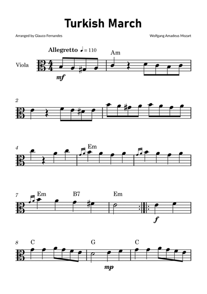 Turkish March by Mozart - Viola Solo with Chord Notations image number null