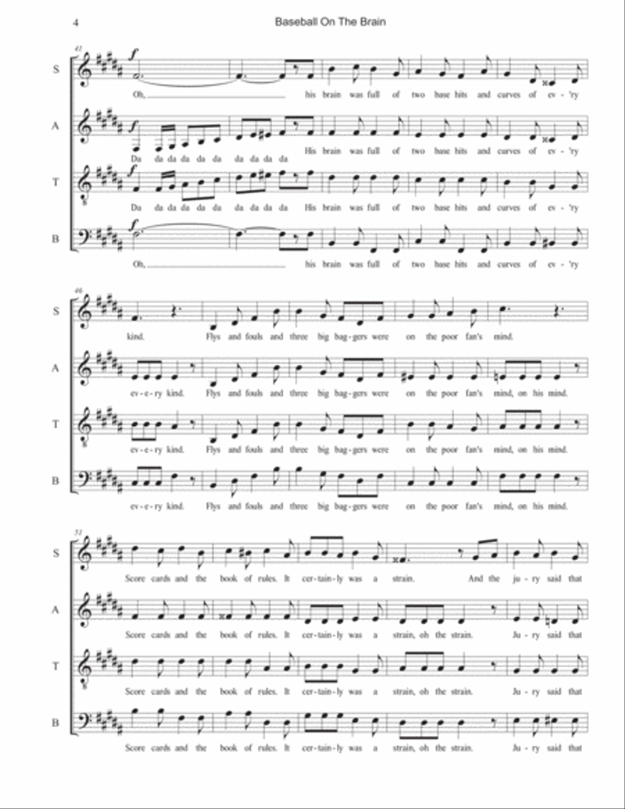 Baseball Songs: 2. Baseball on the Brain 4-Part scores gallery preview page 4