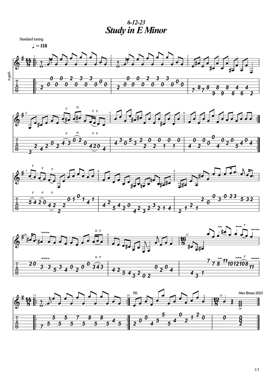 Study in E Minor Classical Guitar scores gallery preview page 1
