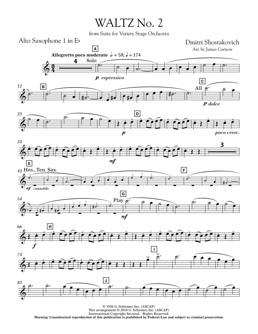 Waltz No. 2 (from Suite For Variety Stage Orchestra) - Eb Alto Saxophone 1 Alto Saxophone scores gallery preview page 1