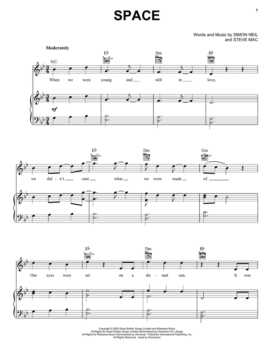 Space Piano, Vocal, Guitar scores gallery preview page 1
