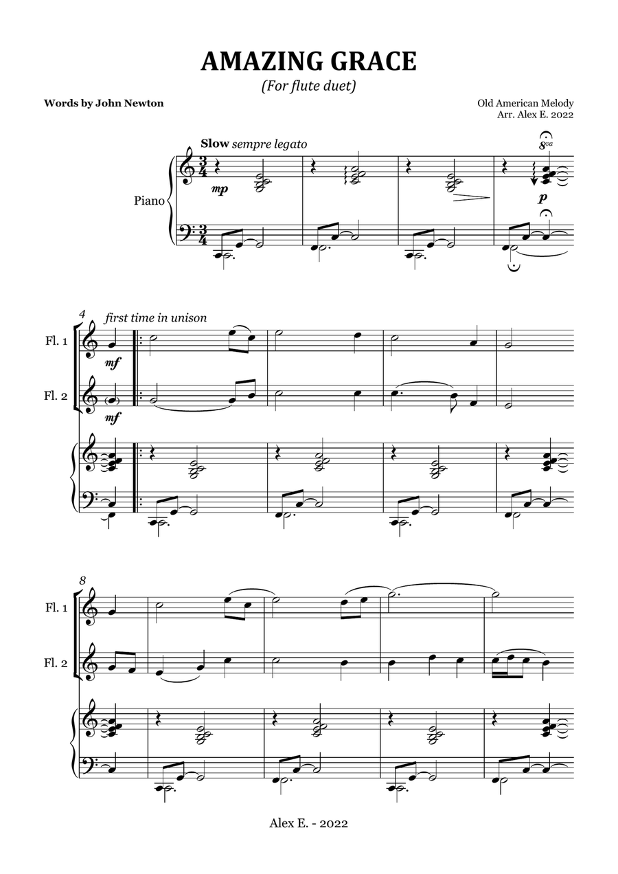 Amazing Grace for Trio: 2 Flutes & Piano. Woodwind Duet scores gallery preview page 3