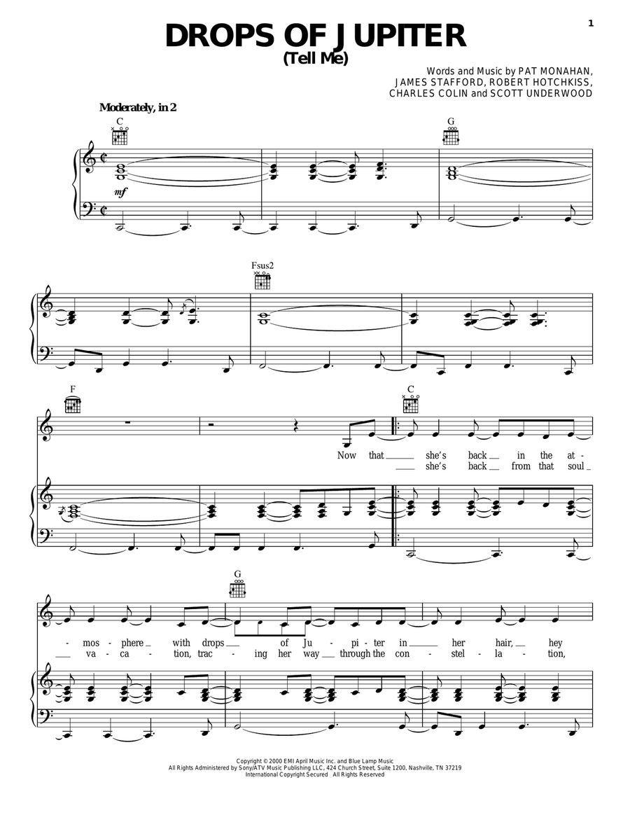 Drops Of Jupiter (Tell Me) Piano, Vocal, Guitar scores gallery preview page 1