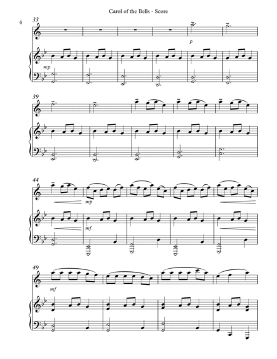 Carol of the Bells, Duet for Bb Clarinet and Pedal Harp B-Flat Clarinet scores gallery preview page 4