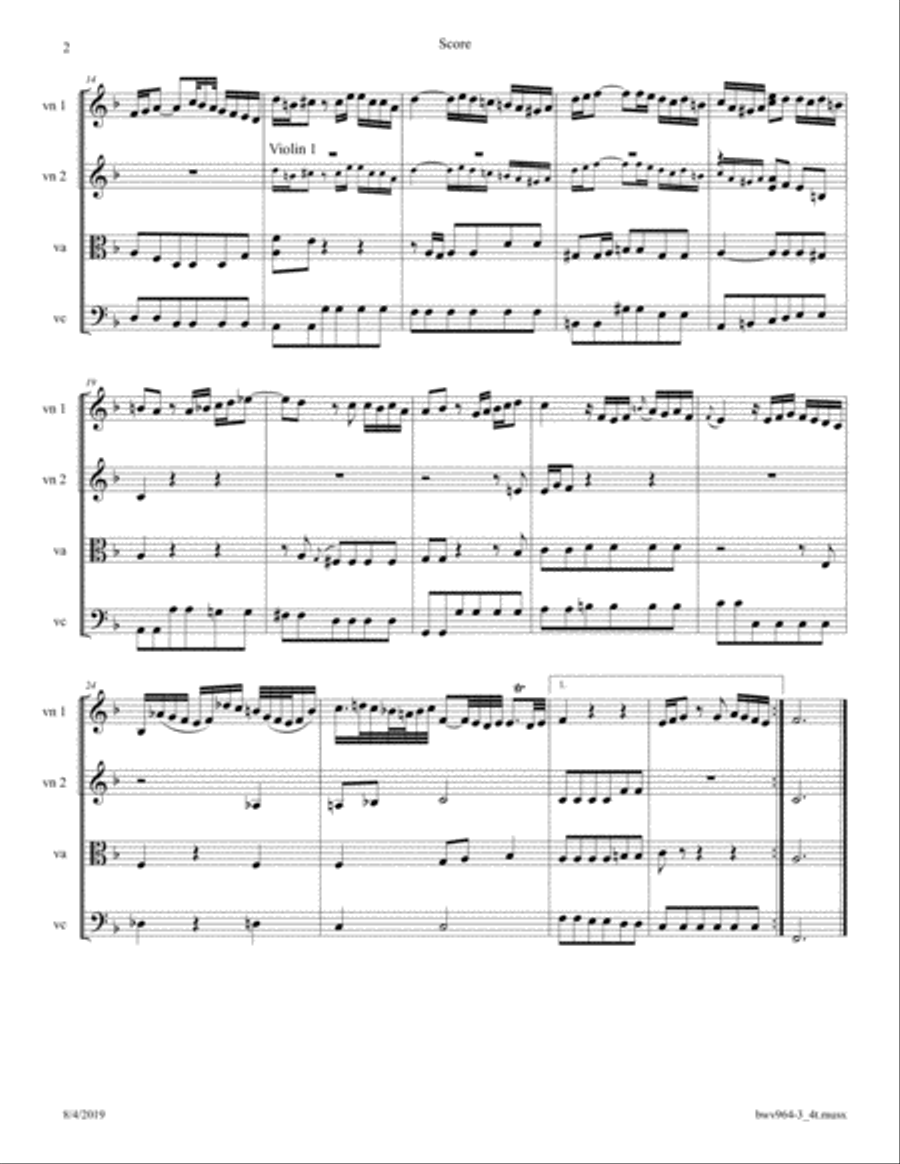 Bach: Piano Sonata BWV 964 (after violin sonata bwv 1003) mvt 3 transcribed for String Quartet String Quartet scores gallery preview page 2