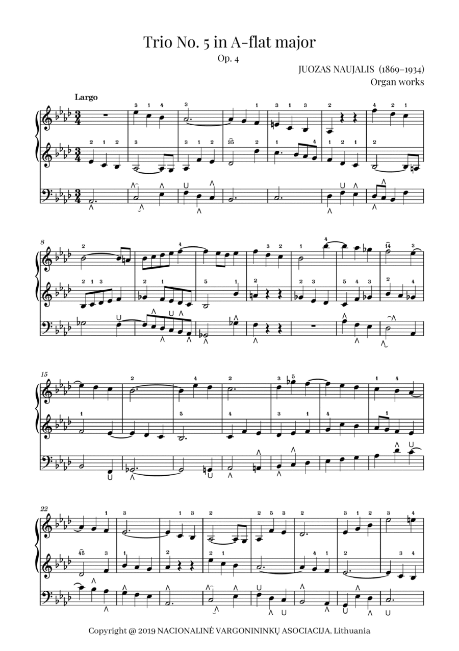 Trio No. 5 in A-flat major, Op. 4 by Juozas Naujalis (1869–1934) Organ Solo scores gallery preview page 1