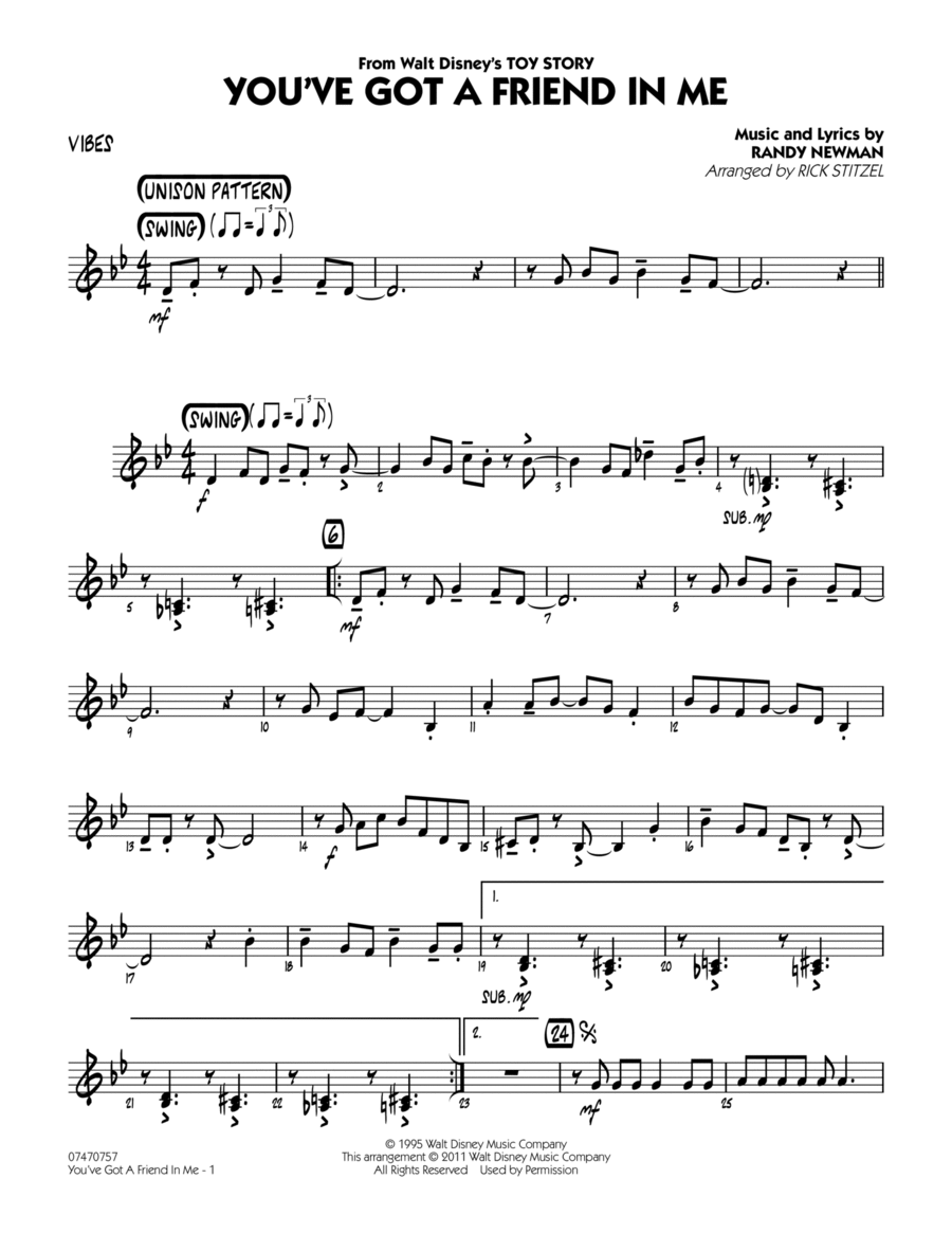 You've Got A Friend In Me (Wheezy's Version) (from Toy Story 2) (arr. Rick Stitzel) - Vibes Jazz Ensemble scores gallery preview page 1