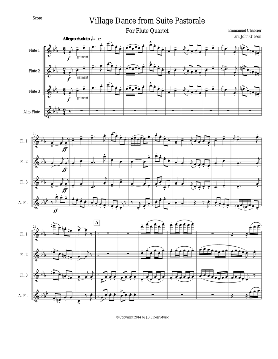 Chabrier - Village Dance for flute quartet Flute Quartet scores gallery preview page 1