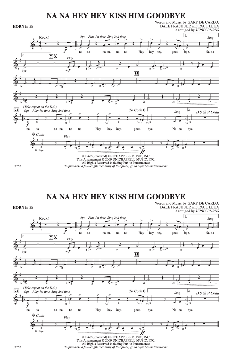 Na Na Hey Hey Kiss Him Goodbye: Horn in B flat