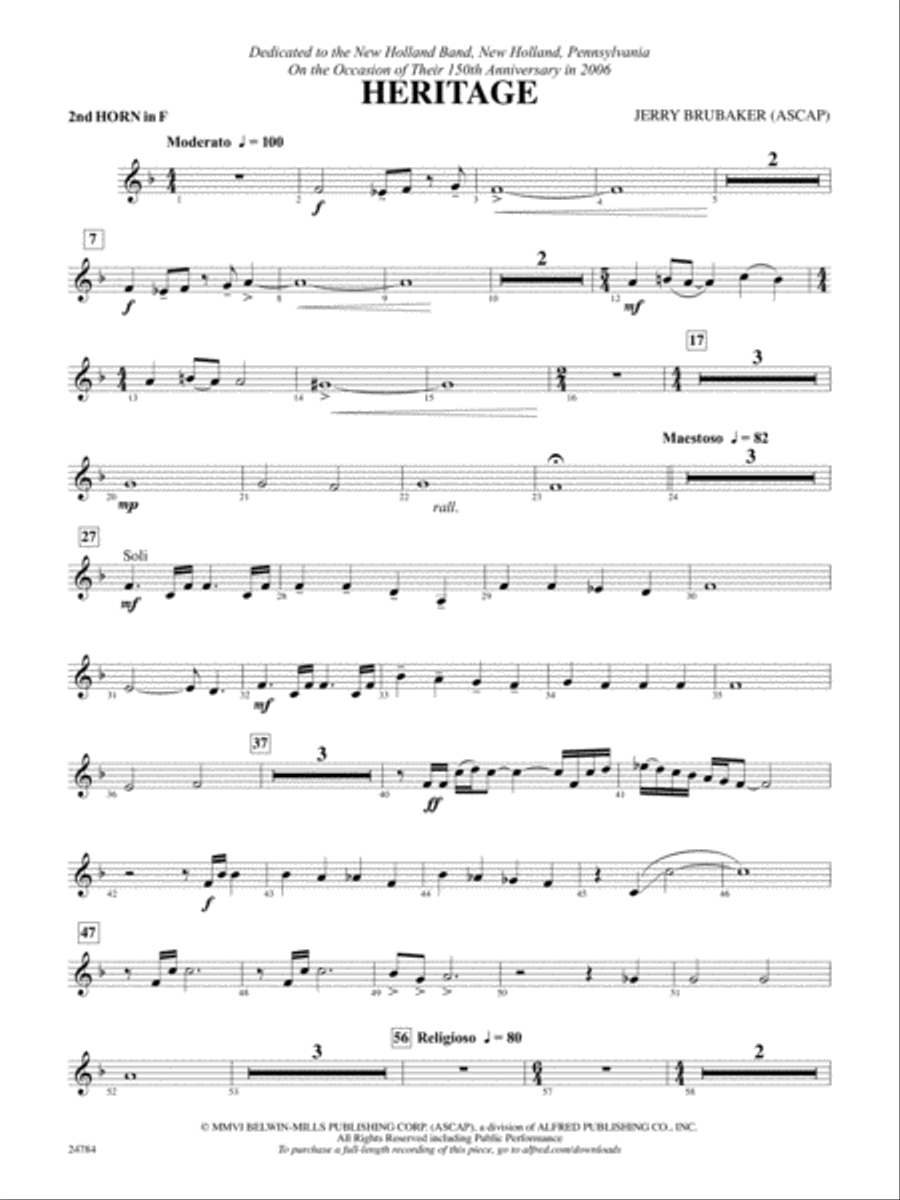 Heritage: 2nd F Horn Concert Band scores gallery preview page 1