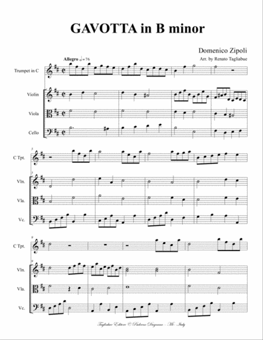 GAVOTTA in B Minor - Zipoli - Arr. for Trumpet in C and String Trio Small Ensemble scores gallery preview page 2