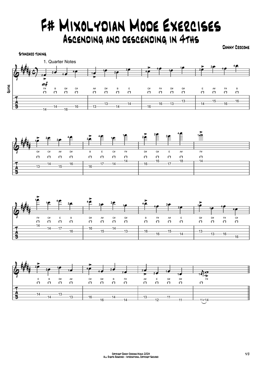 F# Mixolydian Mode Exercises - Ascending and Descending in 4ths Acoustic Guitar scores gallery preview page 1