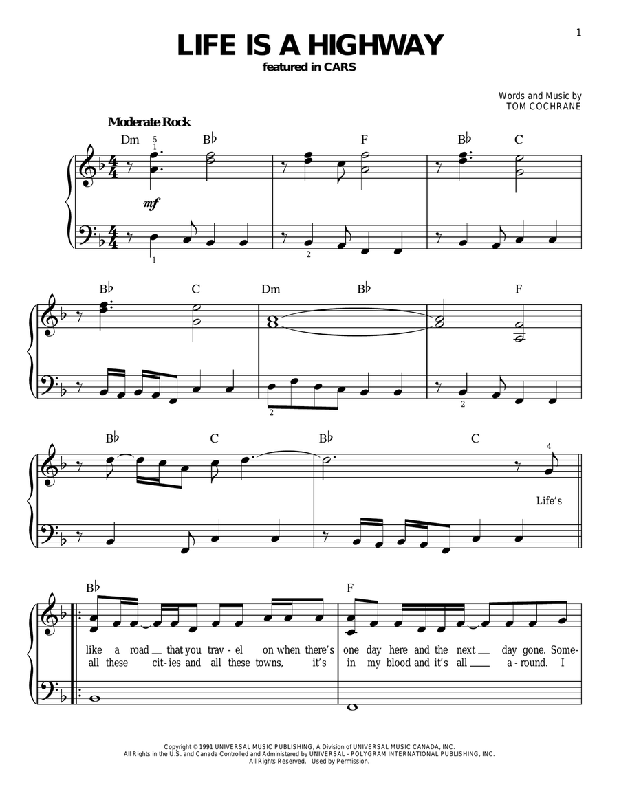 Life Is A Highway (from Cars) Easy Piano scores gallery preview page 1