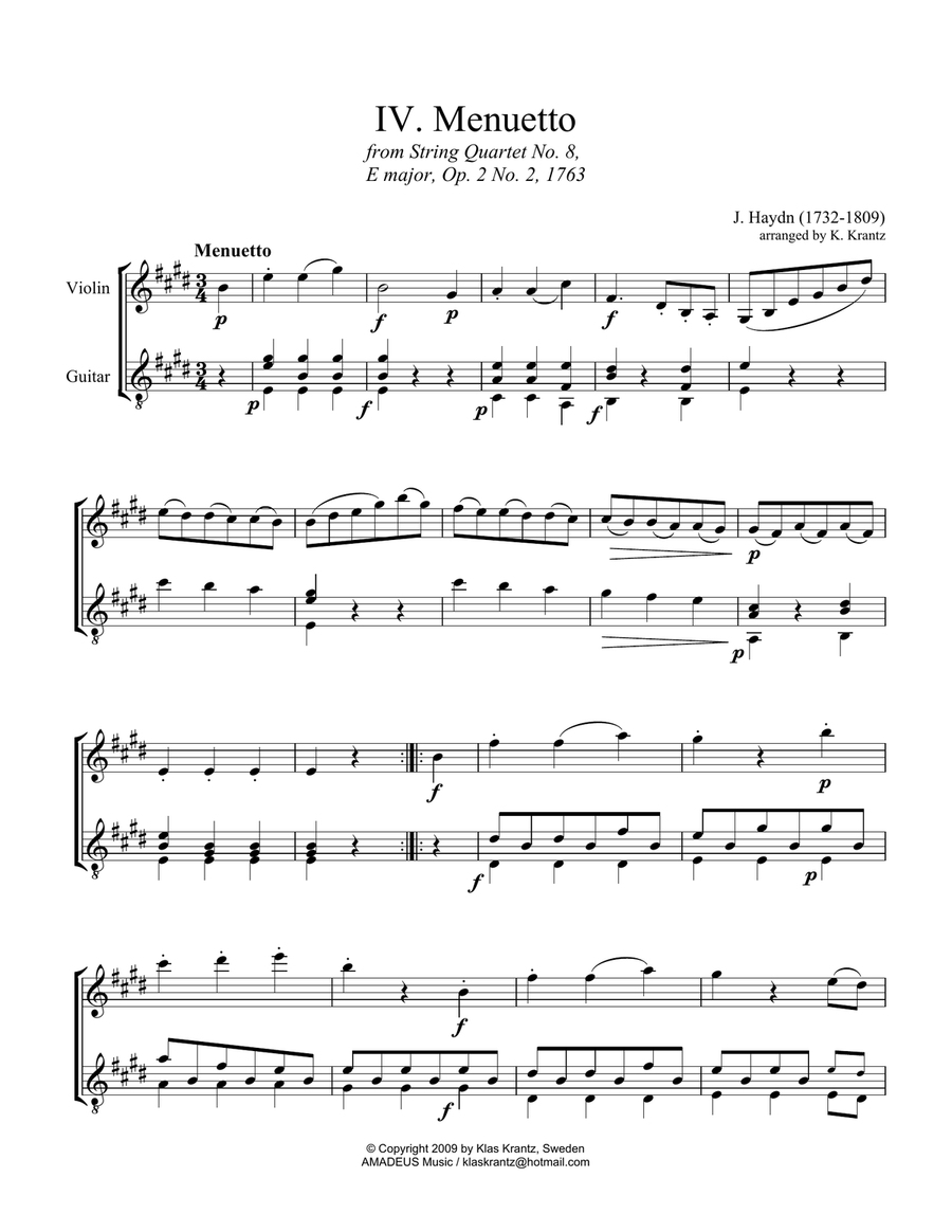 Menuetto from String Quartet Op. 8 for violin and guitar Violin scores gallery preview page 1