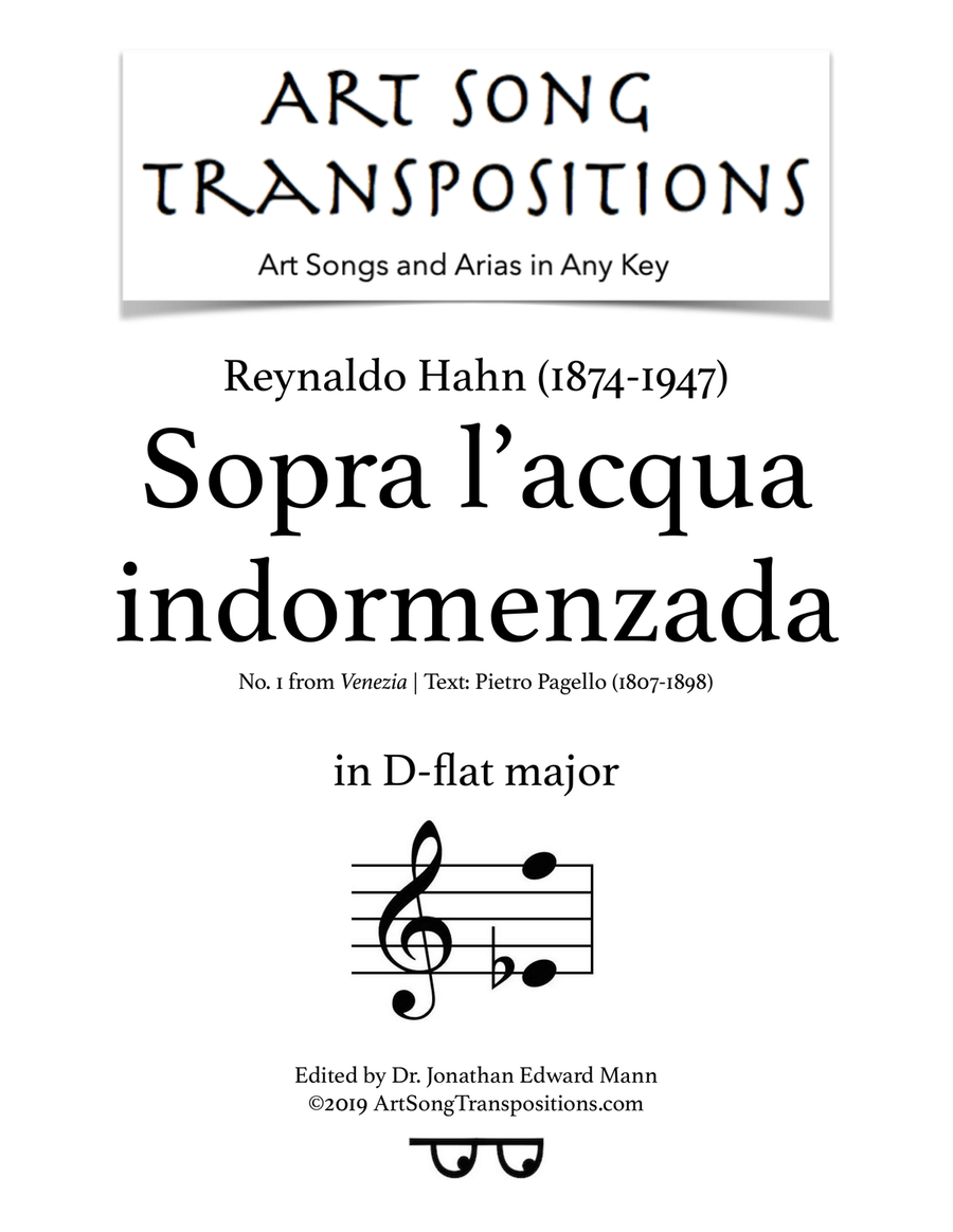 HAHN: Sopra l'acqua indormenzada (transposed to D-flat major) Piano, Vocal scores gallery preview page 1