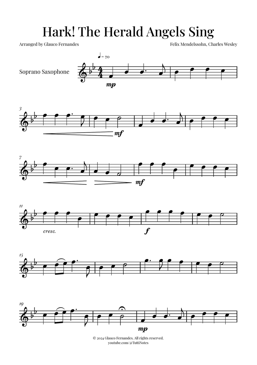 Hark! The Herald Angels Sing | BEAUTIFUL Christmas Carol Soprano Saxophone scores gallery preview page 1